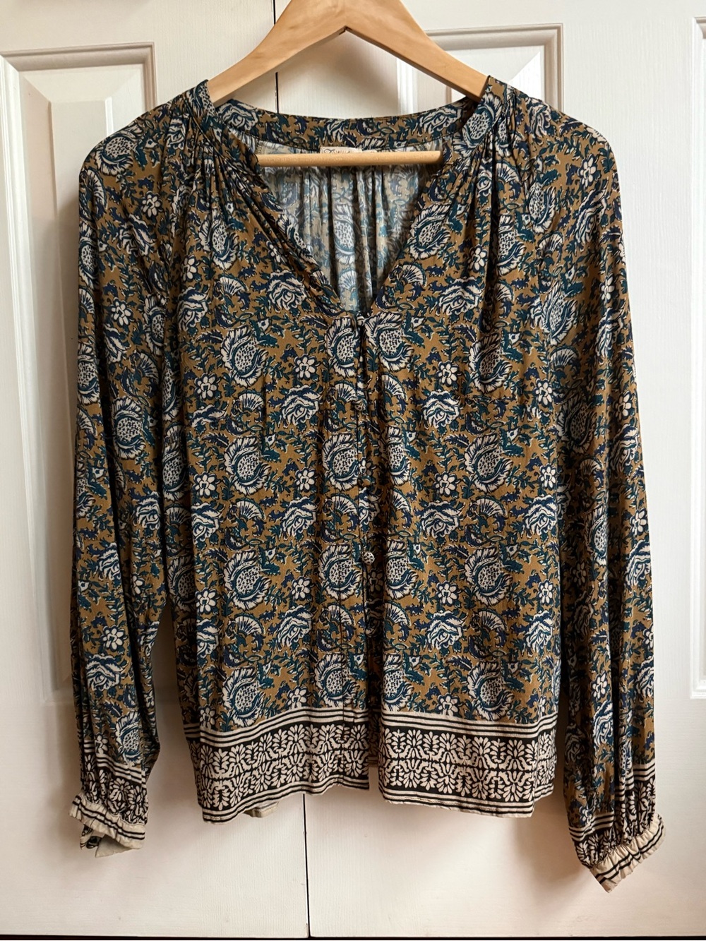 Faherty Mustard and Blue Printed Long-Sleeve Blouse